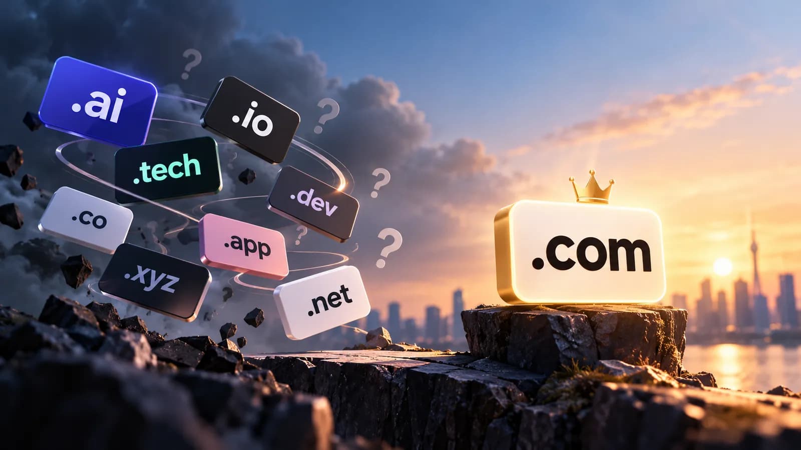 New domain extensions like .ai, .io, .tech, .dev and .app swirling in a storm of question marks, next to a crowned .com standing in the sunrise